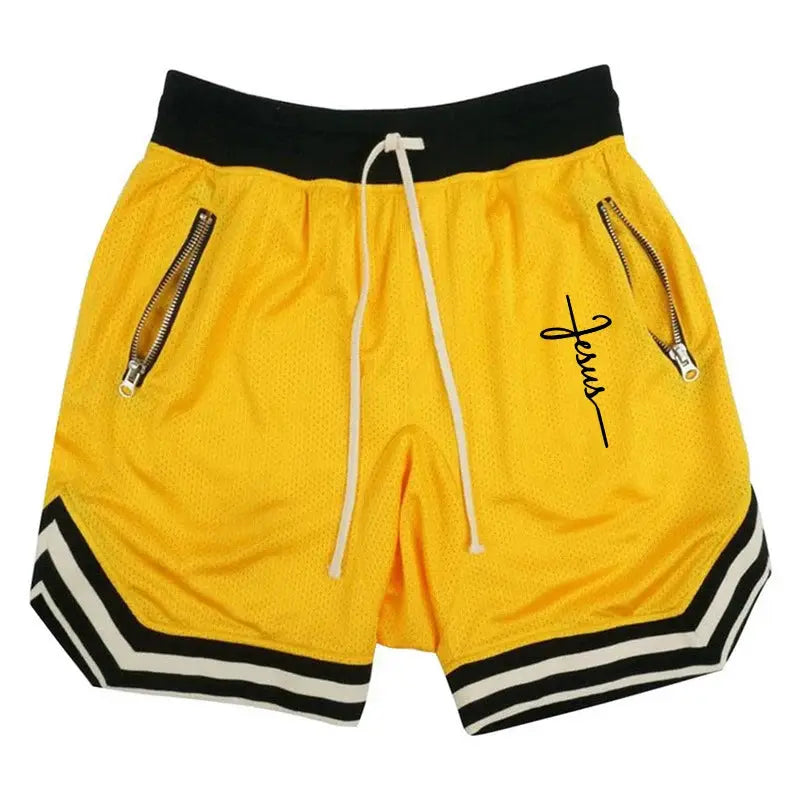 Men's yellow quick-dry basketball shorts with a black waistband, zip pockets, white drawstrings, and striped hems.