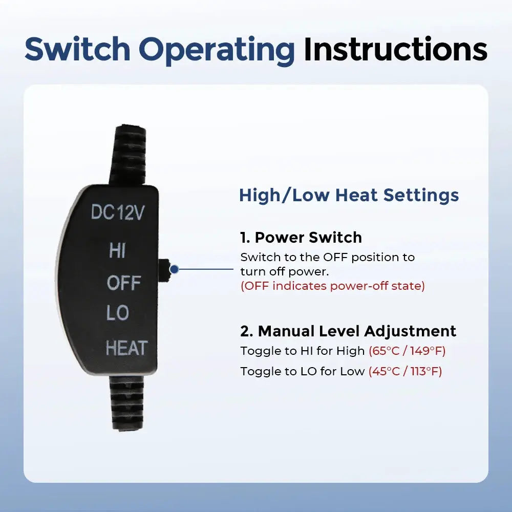 Massager chair pad control switch in black with DC12V HI OFF LO HEAT settings