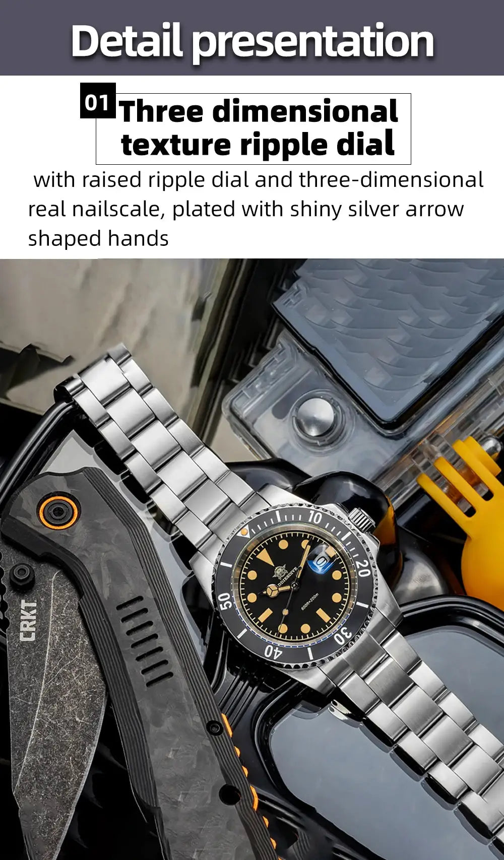 ADDIESDIVE 41mm men's quartz watch, stainless steel bracelet, black dial with luminous hands, 200m water resistance