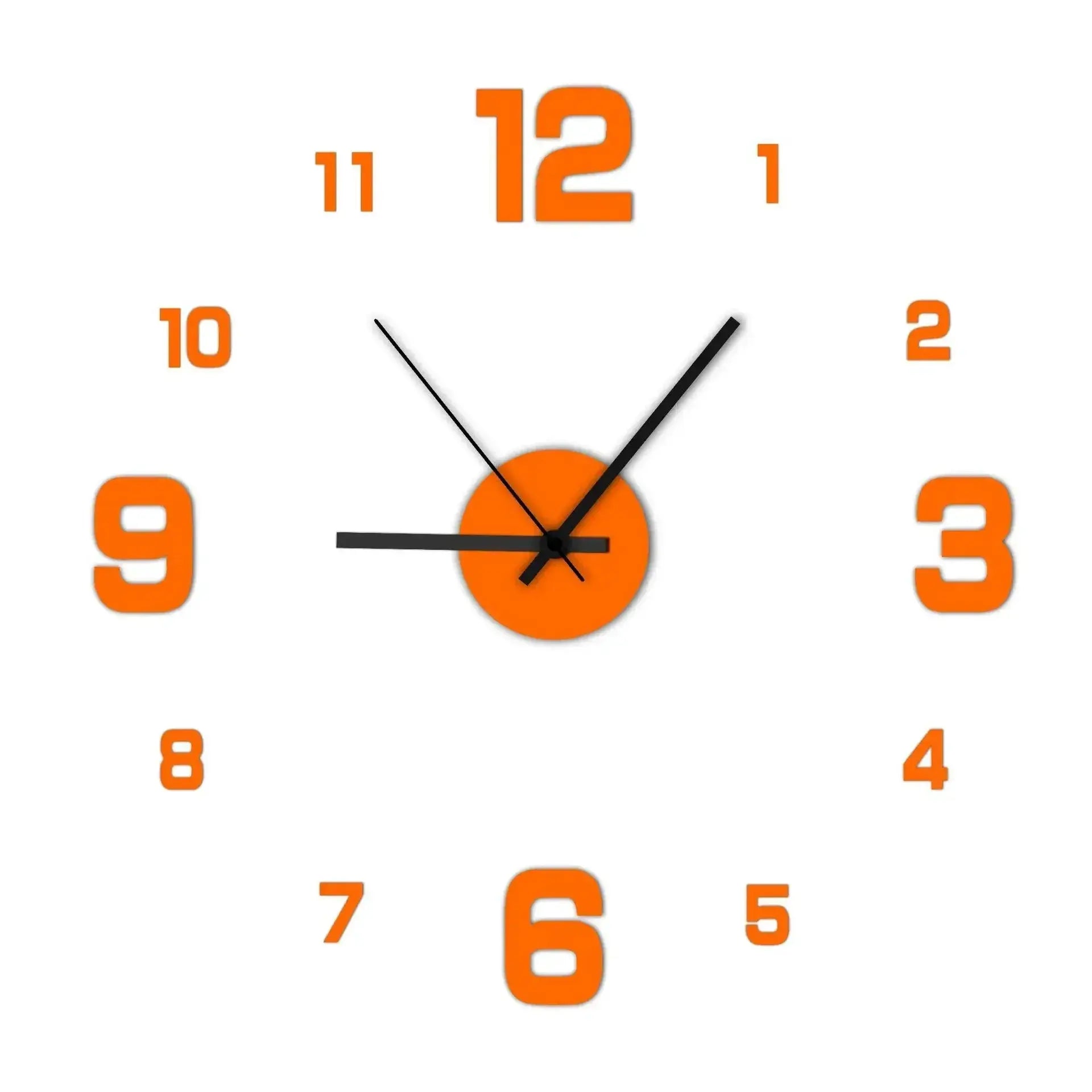 Wall clock with orange numerals, white dial, and black hands.