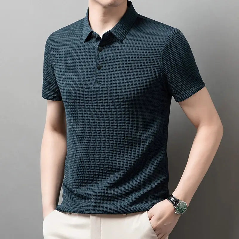 Men's polo shirt, dark teal textured short-sleeve top for business casual, breathable and versatile