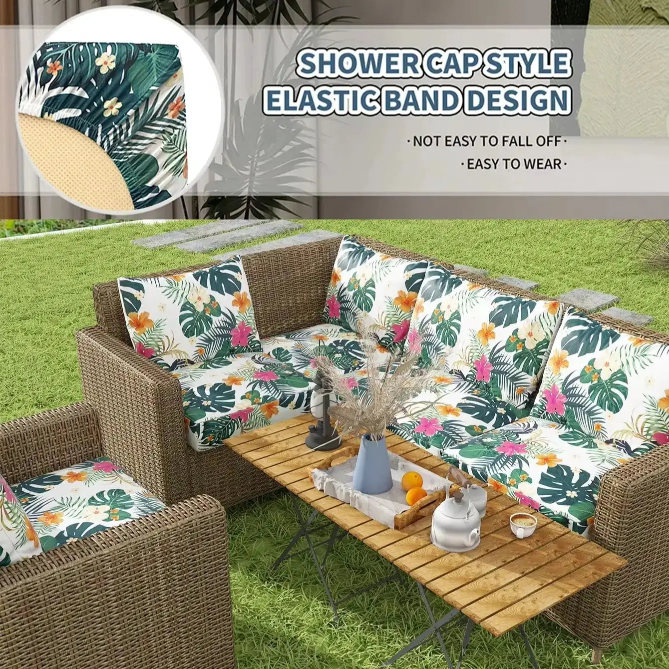 Outdoor tropical print sofa cushion covers with non-slip elastic band; white background, green palm leaves and flowers.
