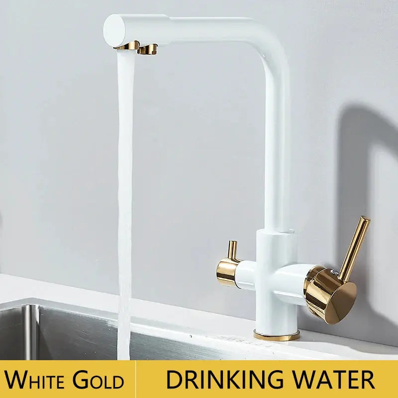 Kitchen faucet, white with brass accents, dual swivel spout and drinking water filter