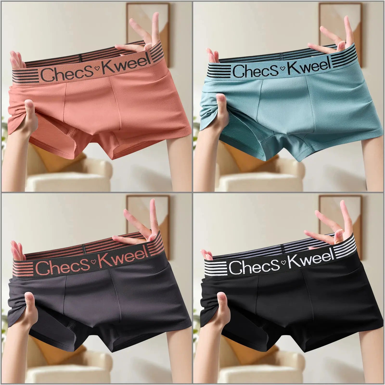 4-pack men's cotton boxer shorts with ChecS Kweel waistband in peach, teal, gray and black from Simples Market