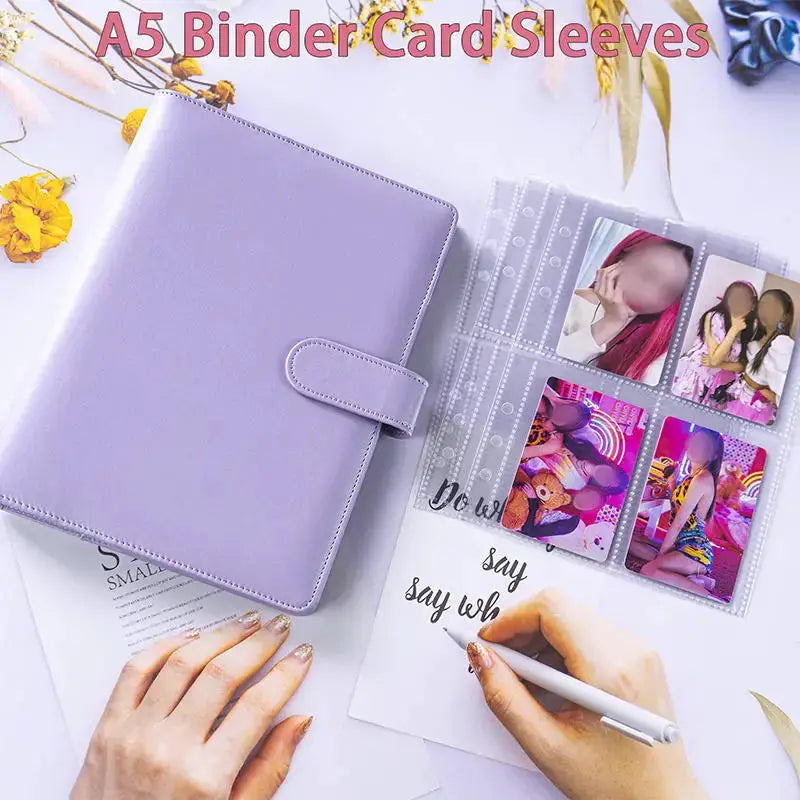 Simples Market A5 binder in purple PU leather with 6 rings and 4-pocket card sleeves.