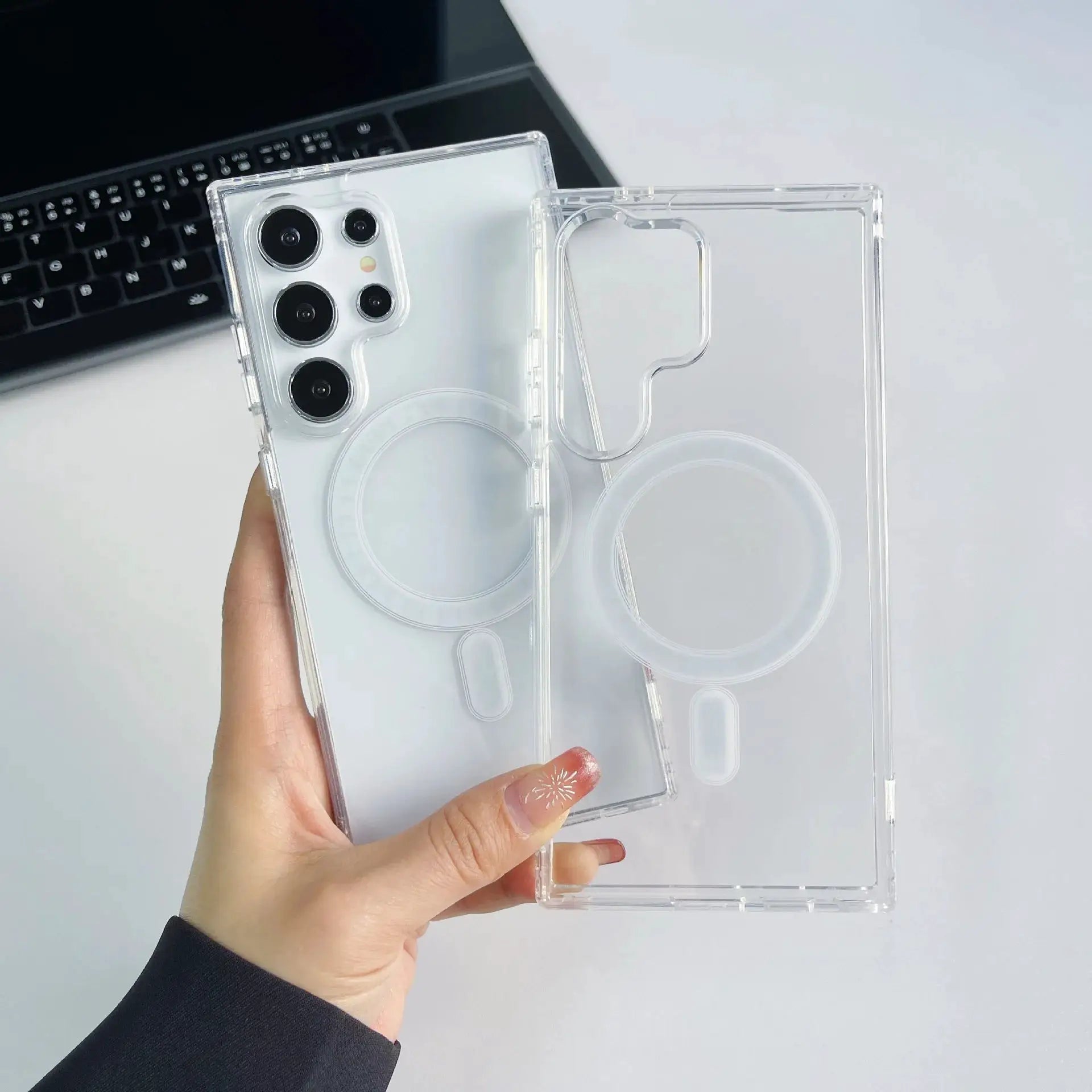 Two clear MagSafe phone cases for Samsung Galaxy models; wireless charging compatible and shockproof