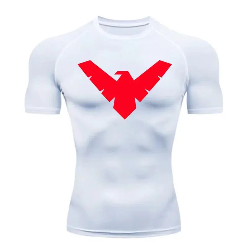 White men's short-sleeve compression shirt with bold red chest logo