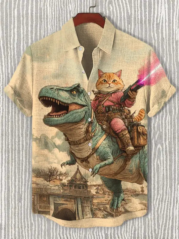 Men's cat graphic Hawaiian shirt by Simples Market; short-sleeve button-down with dinosaur rider print.
