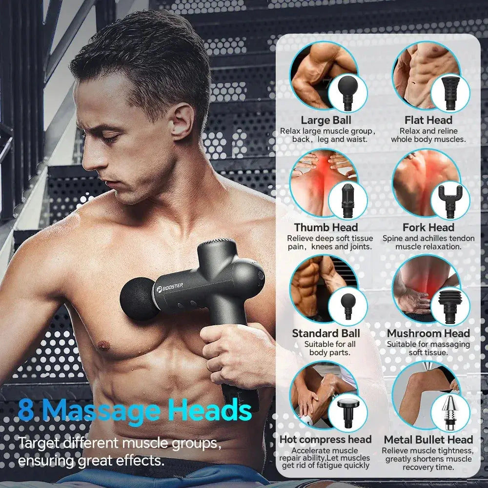 Booster black massage gun neck massager by Simples Market with 8 interchangeable heads