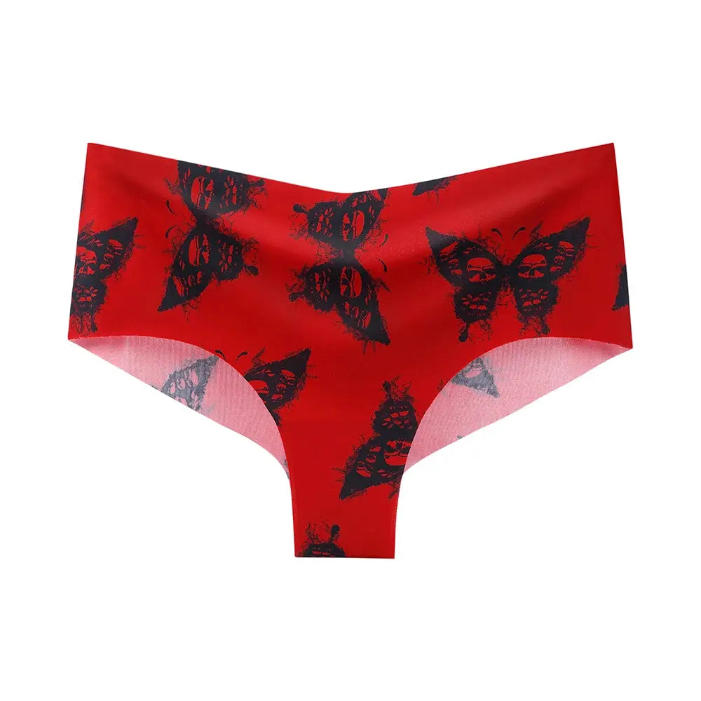 BANNIROU women's seamless print briefs, red with black butterfly pattern, mid-rise