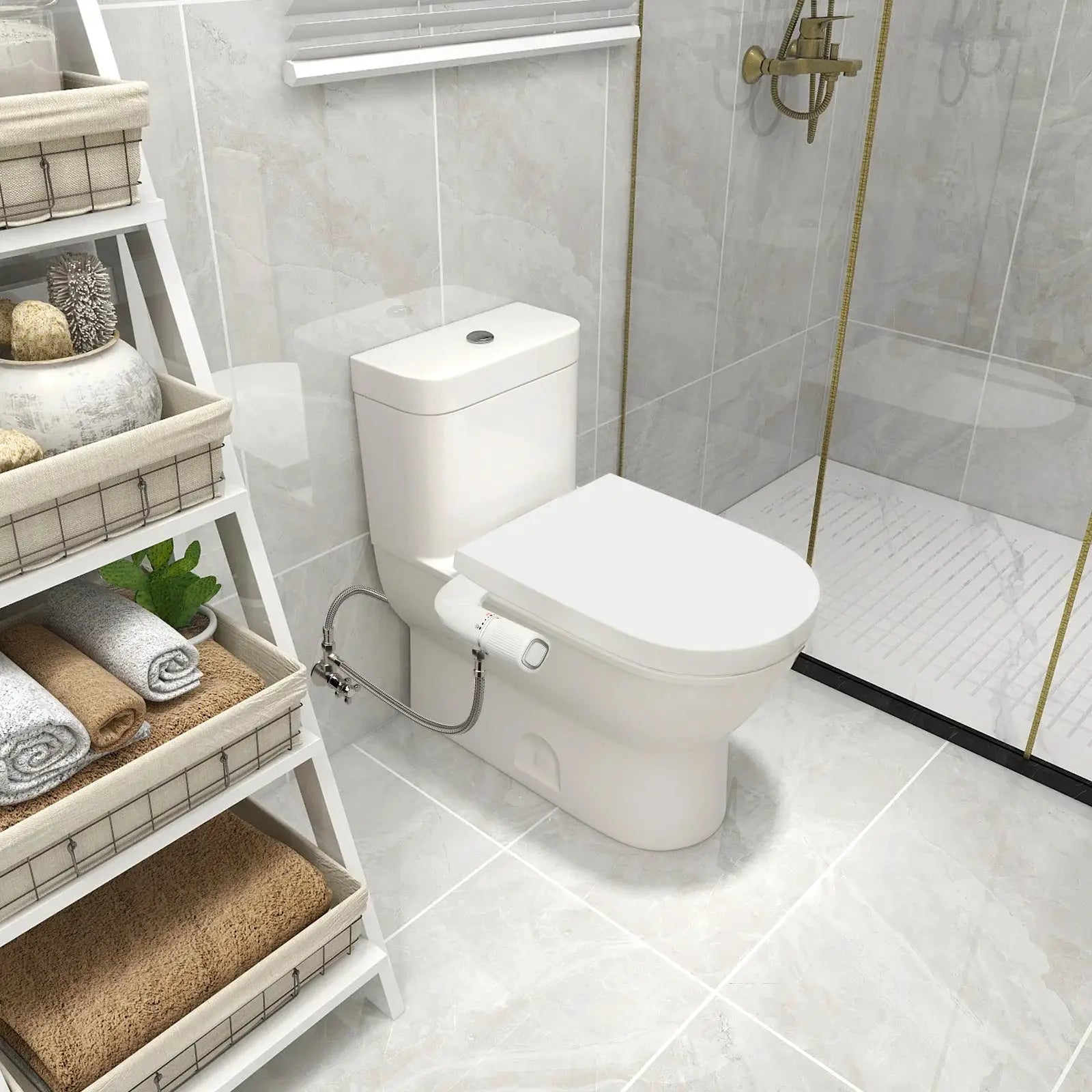 SAMODRA non-electric bidet toilet attachment with dual nozzles, brass inlet and adjustable water pressure.