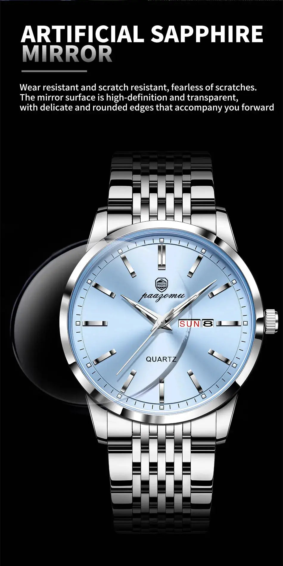 PAAZOMU men's stainless steel watch with blue dial, day-date display, quartz movement, box
