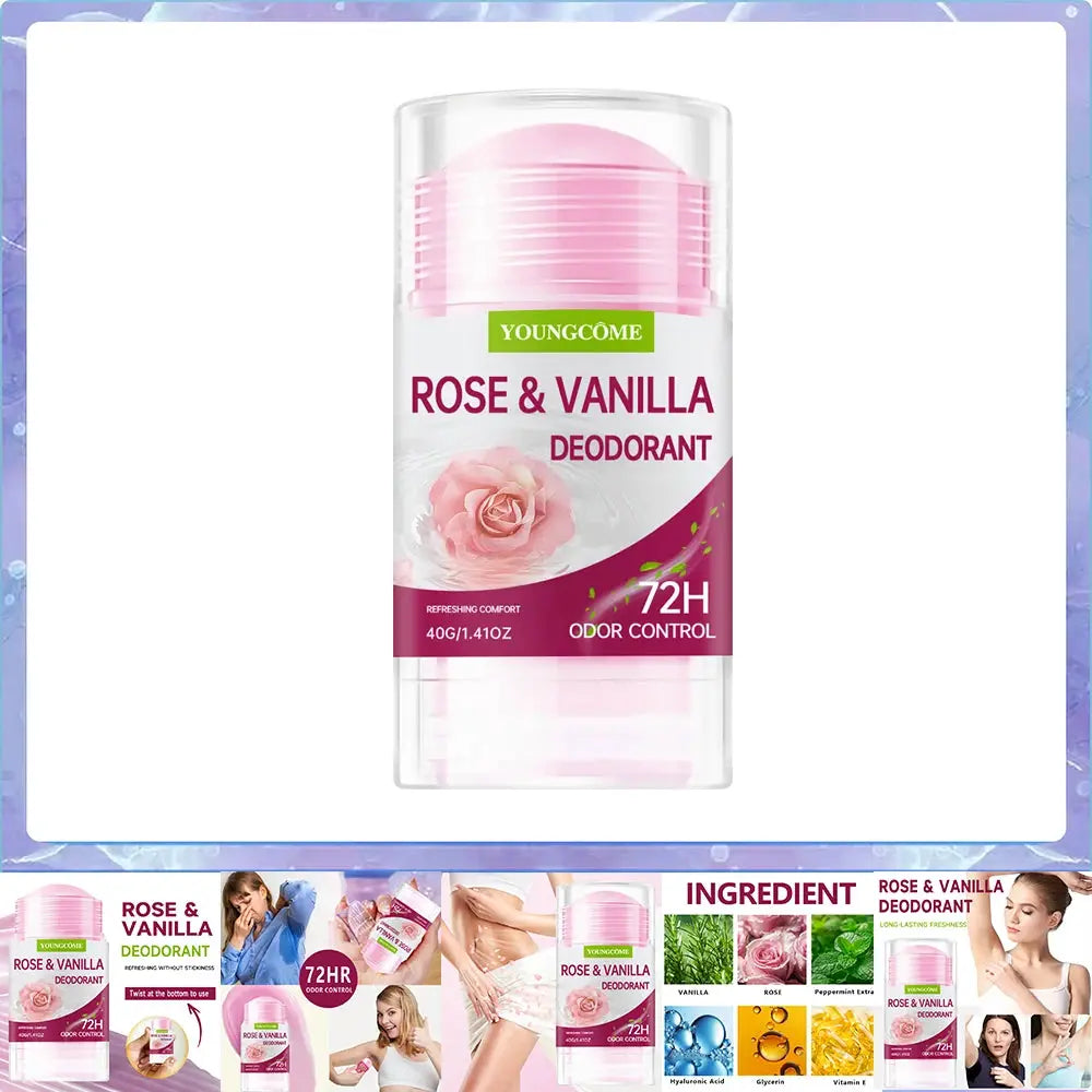 Deodorant stick Rose & Vanilla by YoungCome with pink cap, 72H odor control