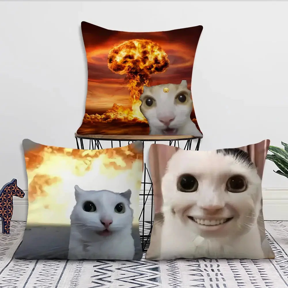4-piece cushion cover set with funny cat meme designs in warm sunset tones
