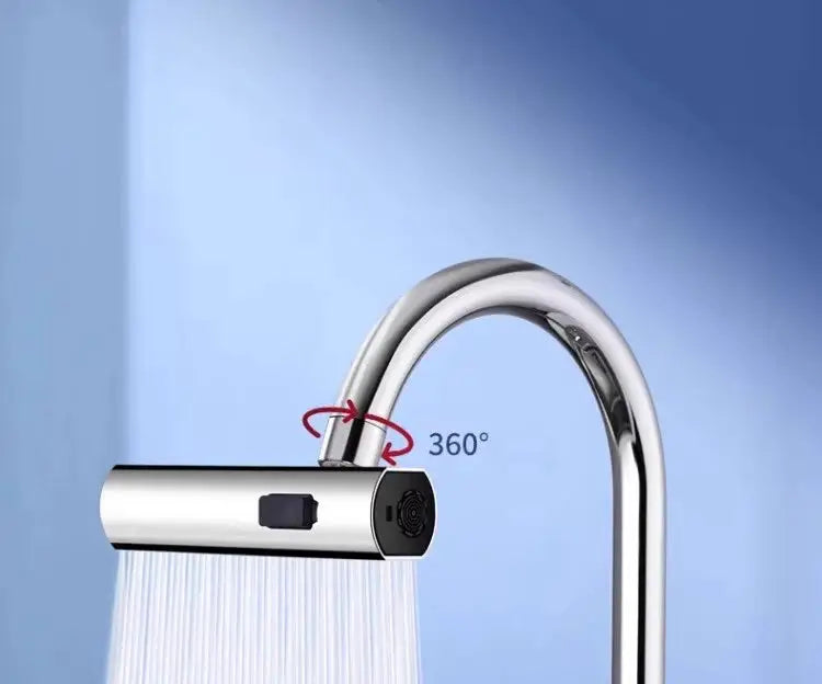Kitchen faucet with chrome finish and 360° swivel waterfall spray, versatile multi-function design for kitchen.