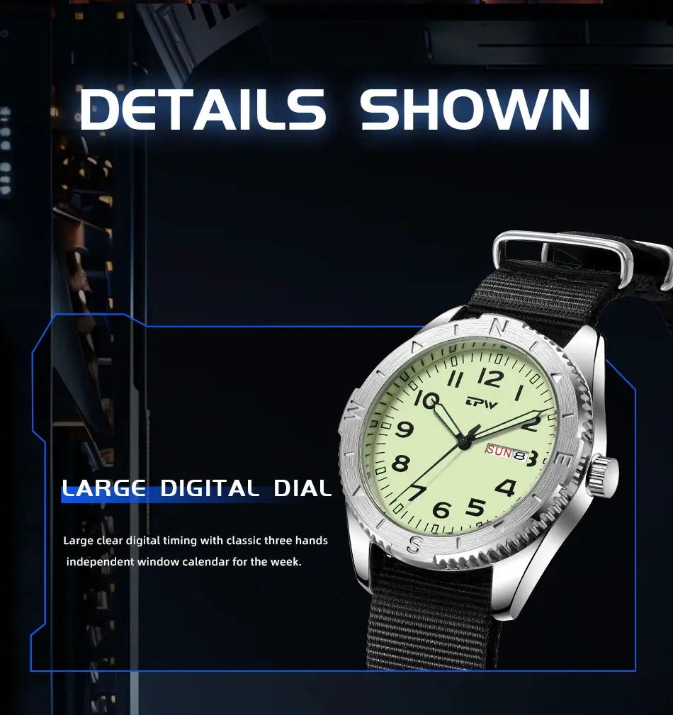 2026 TPW 40mm Field Watch by Simples Market with pale green dial, black fabric strap, day/date window, quartz movement