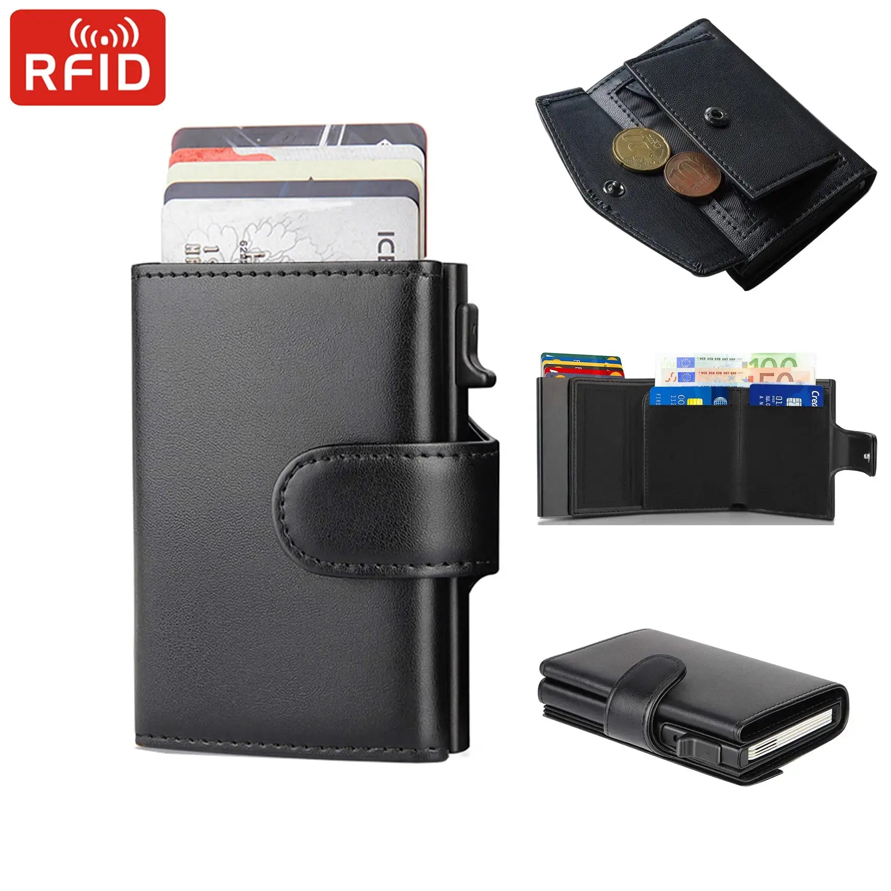 Black RFID microfiber leather men's wallet with card slots and coin pocket, slim trifold design