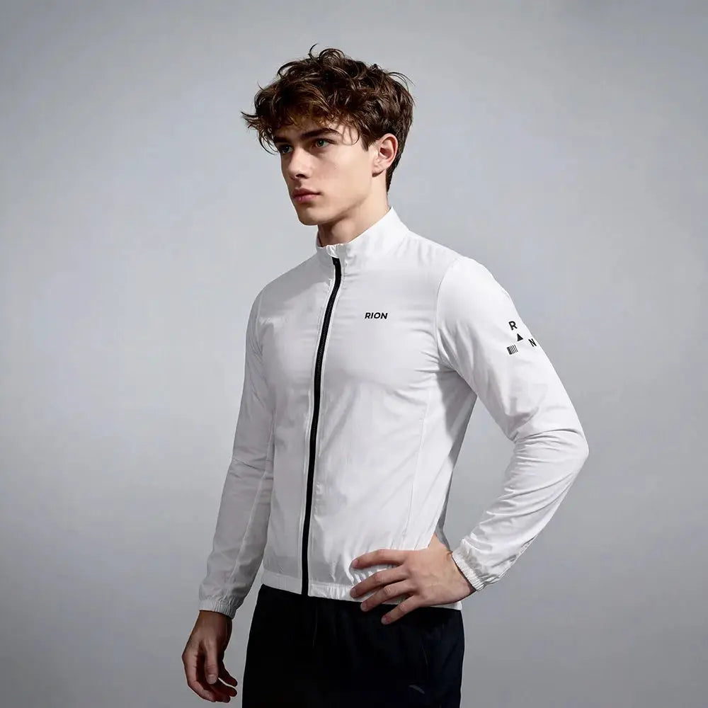 RION windbreaker jacket for men, white lightweight with stand-up collar, front zip, elastic cuffs, UPF 50+, packable.