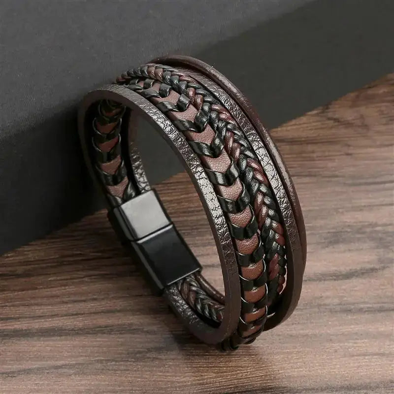 Classic Mens Leather Bracelet Hand Woven Multi Layer Style Fashion Jewelry For Men Durable Casual Accessory