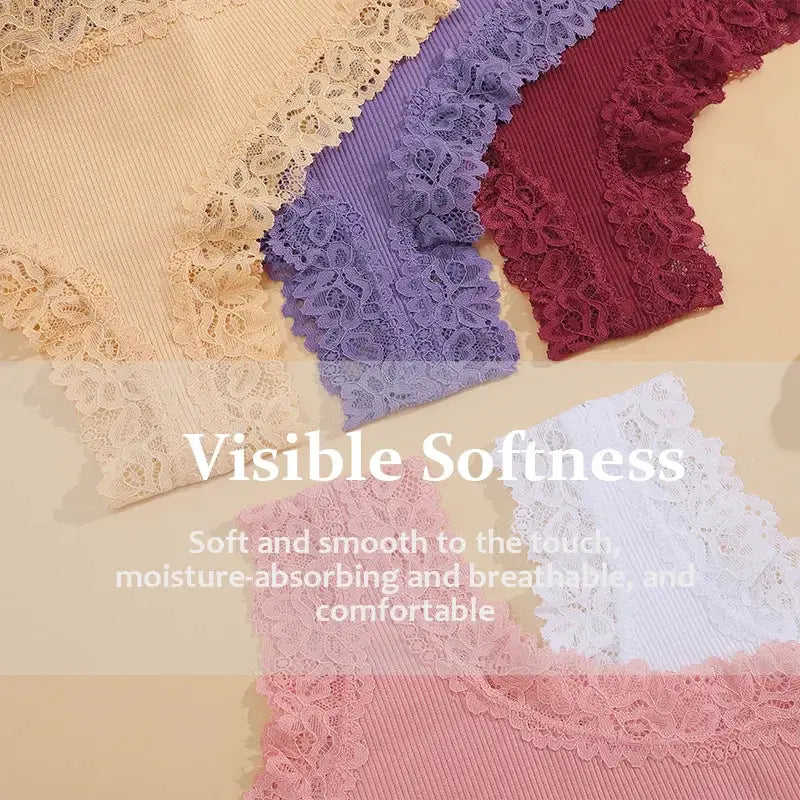 Six-piece women's cotton floral lace briefs; assorted colors, soft and breathable underwear