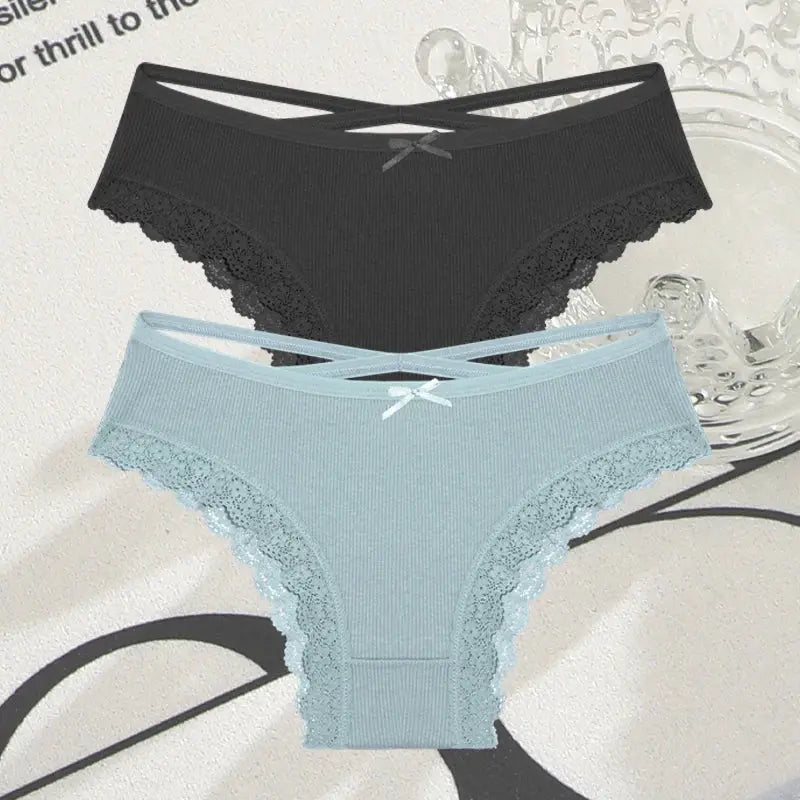 2-pack cotton women's panties, black and light-blue with lace trim and bow, low-rise Brazilian briefs