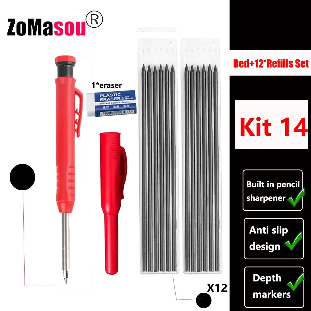 Simples Market red carpenter mechanical pencil kit with built-in sharpener and eraser, 12 lead refills