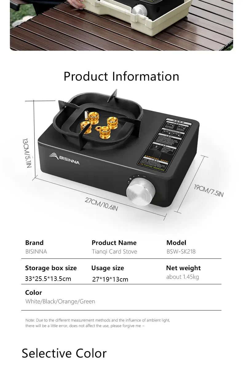 BISINNA camping gas stove, black portable unit with brass burner heads and a large control knob