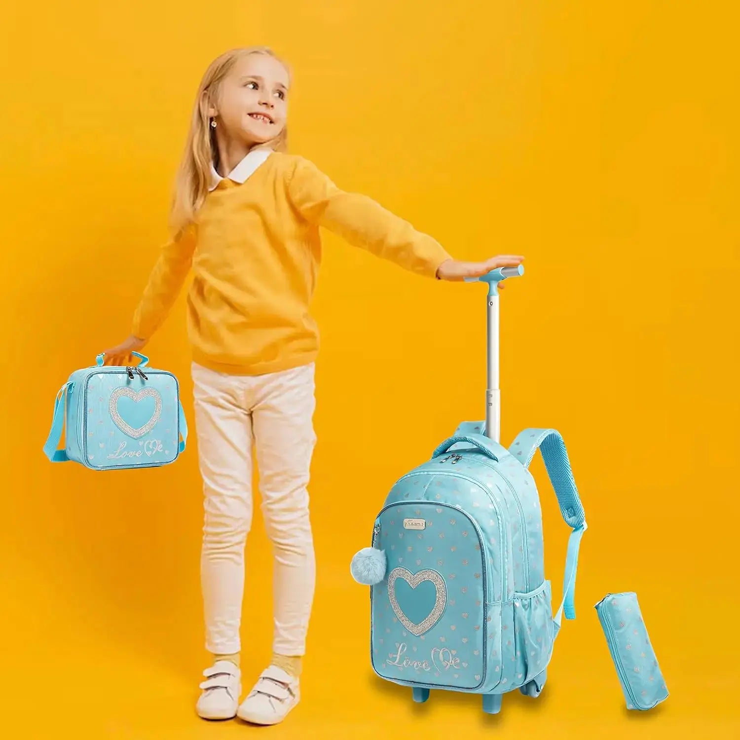 Children's wheeled backpack set with lunch box; light blue rolling school bag with heart motif.