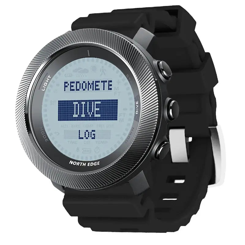 North Edge Apache-D men's digital dive watch with black silicone strap and silver bezel, waterproof 100M