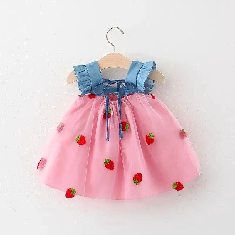 Baby Girl Dress Summer Cherry Mesh Beach Outfit 0 To 1 Years Cotton Comfortable Cute Clothes