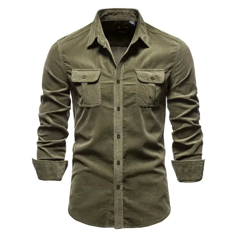 Men's olive green corduroy shirt, long sleeves, single-breasted with two chest pockets