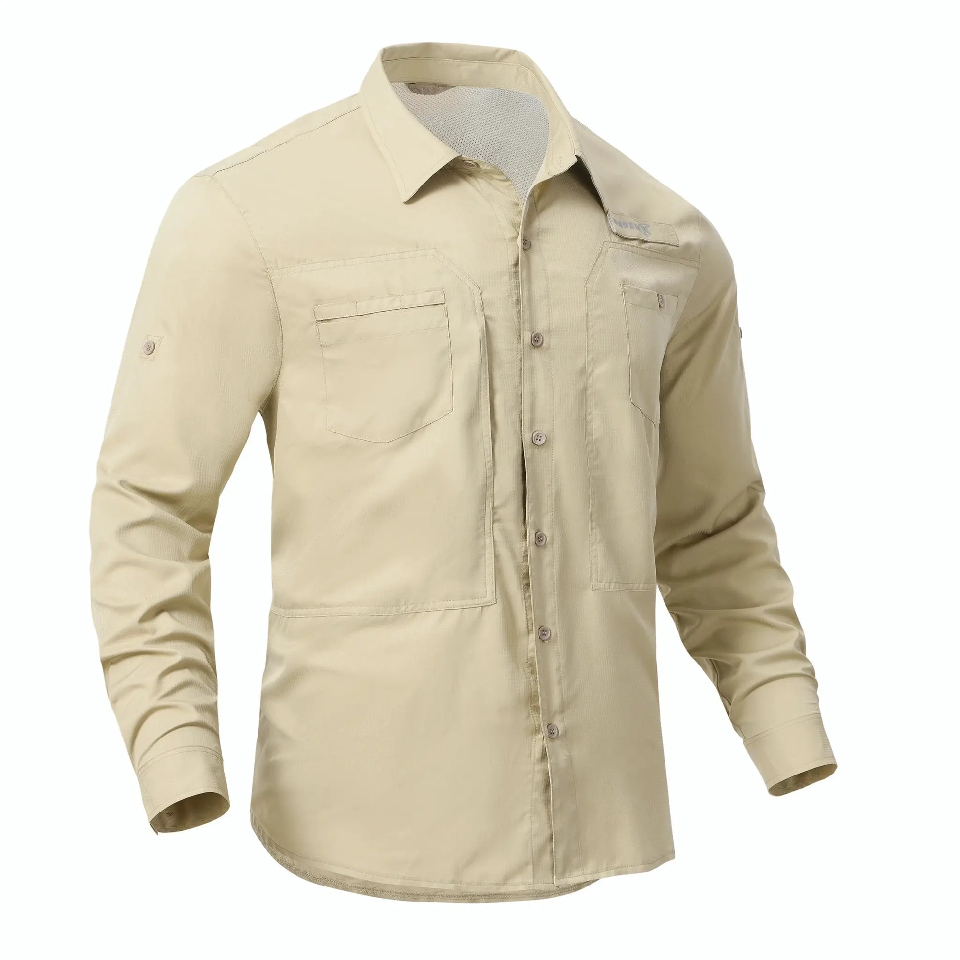 Men's beige long-sleeve button-down fishing shirt with UPF 50+ sun protection and a zipper pocket