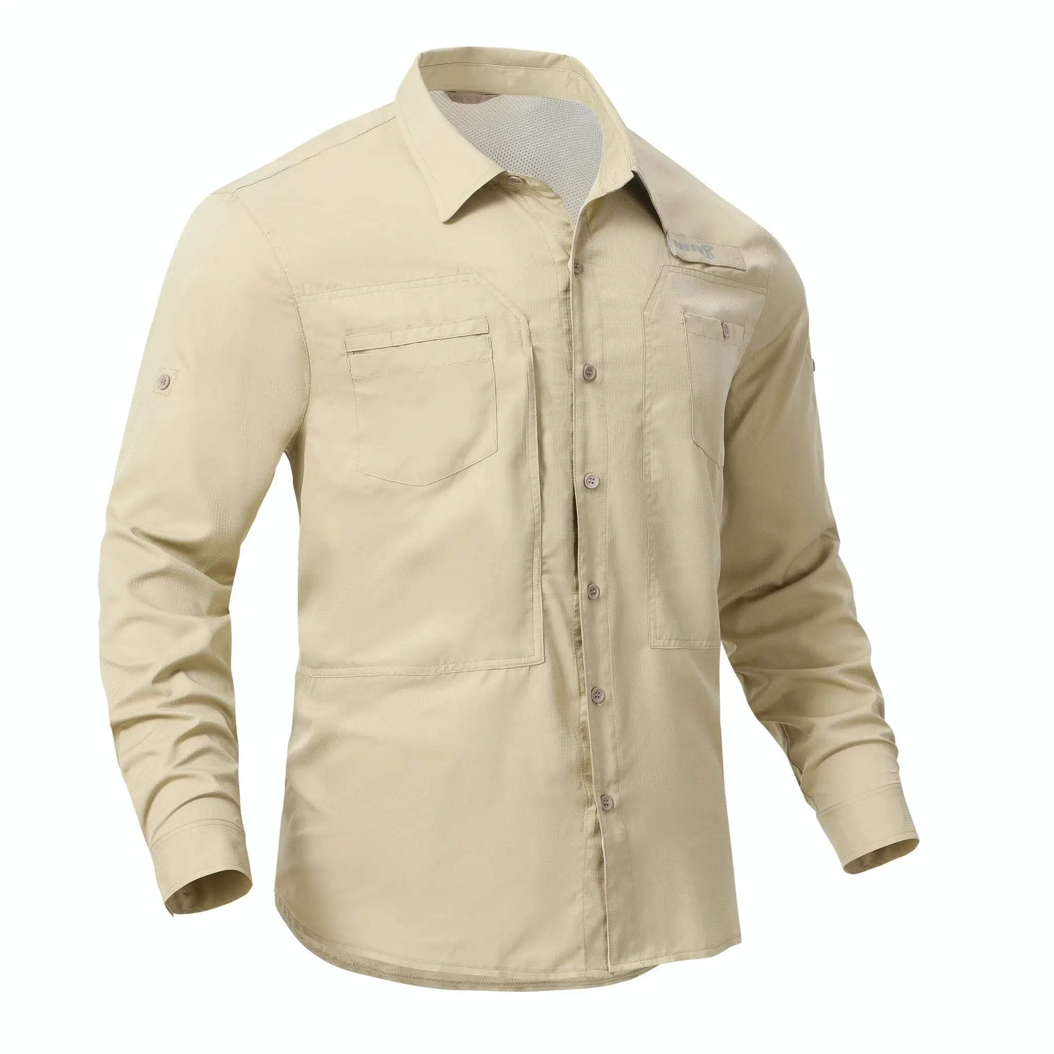 Men's beige long-sleeve button-down fishing shirt with UPF 50+ sun protection and a zipper pocket