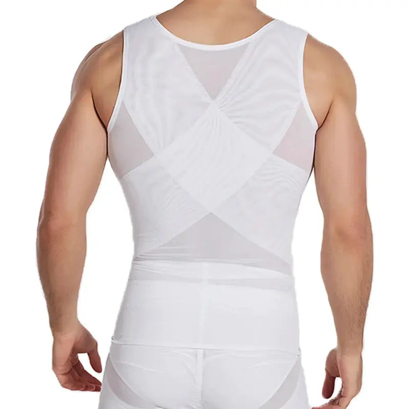 CXZD waist trainer muscle girdle shirt for men, white mesh panels, back view, Simples Market