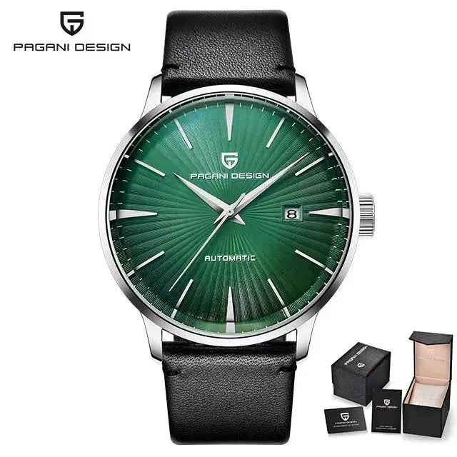 Pagani Design men's green dial automatic wristwatch with black leather strap