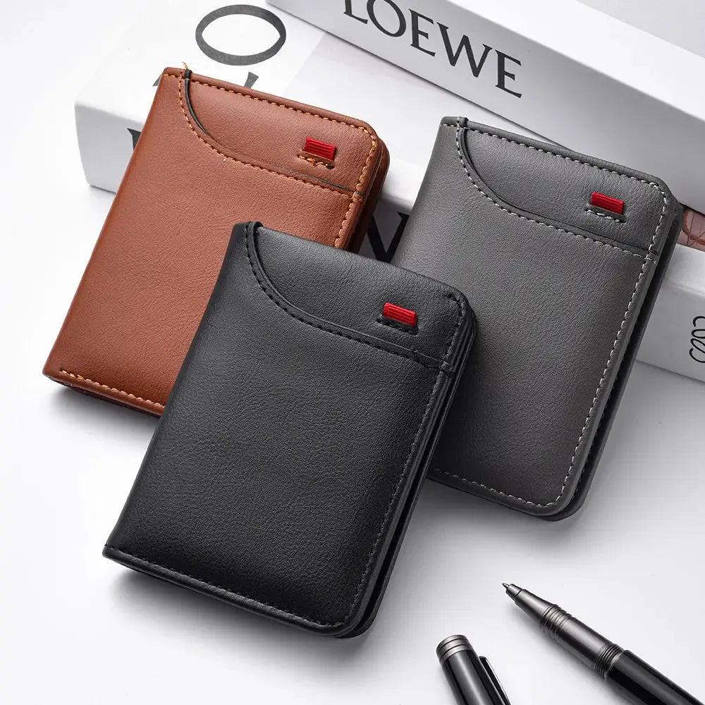 Simples Market men's vertical multi-card leather wallets in black, gray, and brown (set of 3)