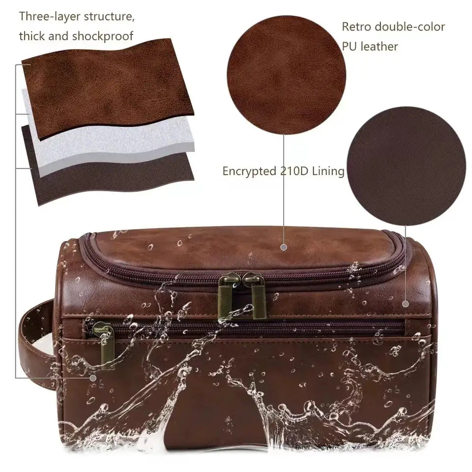 BrandX Leather Toiletry Bag Dopp Kit For Men And Women Hanging Travel Organizer Water Resistant PU Leather