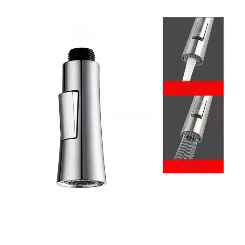 Simples Market kitchen faucet pull-out spray head, chrome finish with water-saving spray modes.