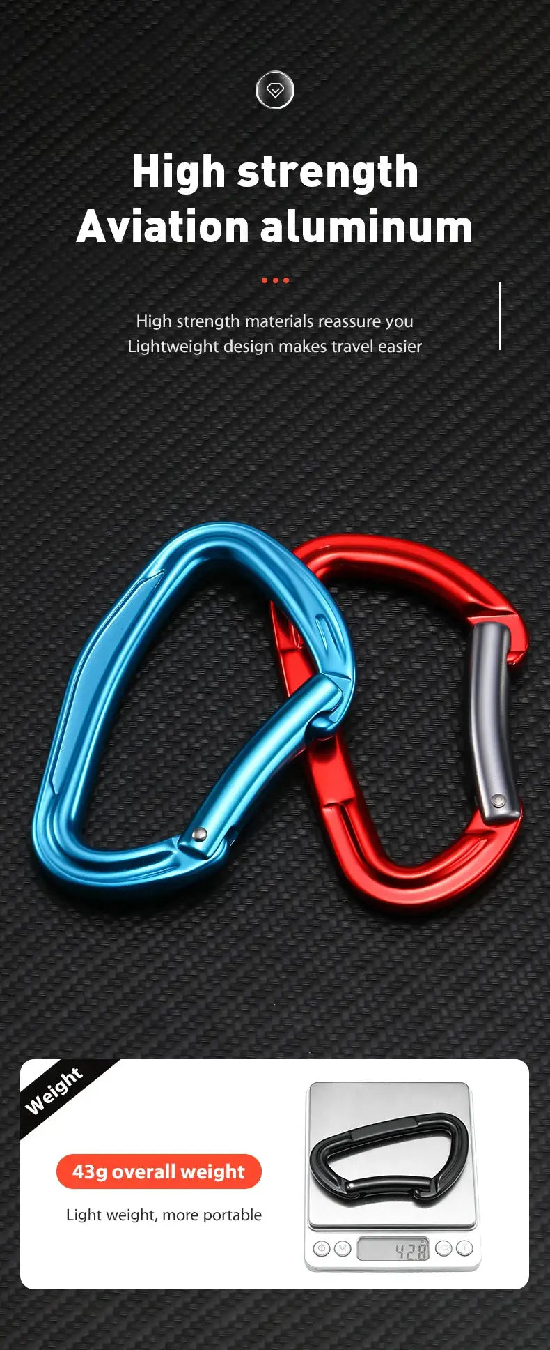 Two Simples Market CLIWIZ SGM7118 aluminum climbing carabiners in blue and red with curved D and straight shapes
