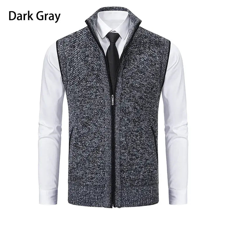 Men's dark gray sleeveless knitted cardigan vest with zipper, stand collar, slim fit