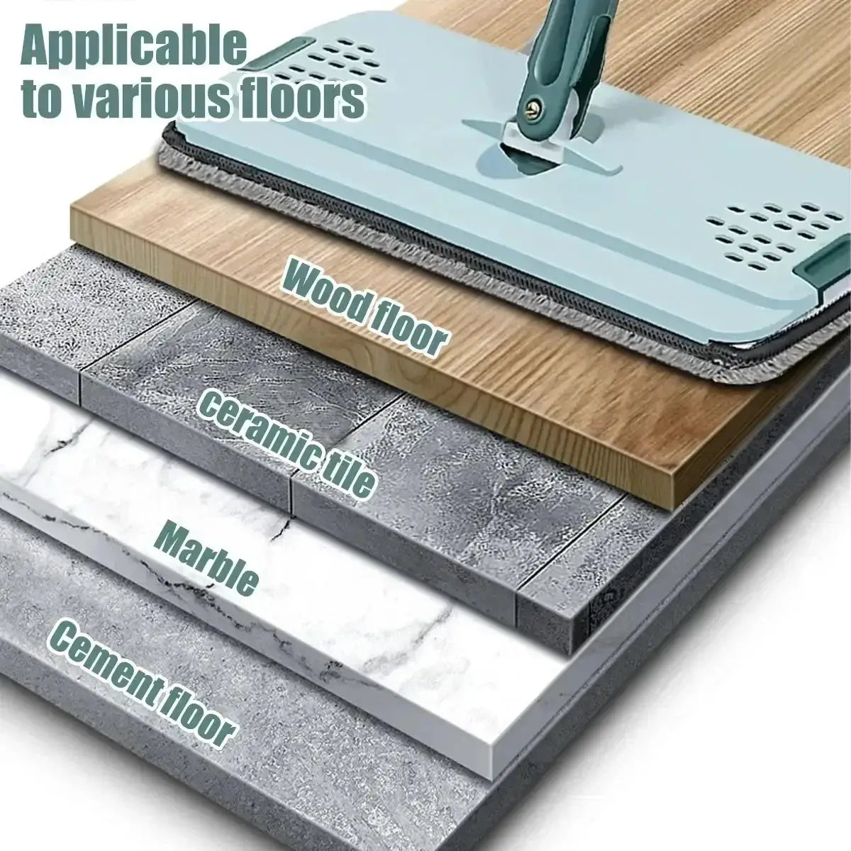 Flat squeeze mop with microfiber pads on a blue-green head, for wet or dry cleaning on hardwood and laminate floors