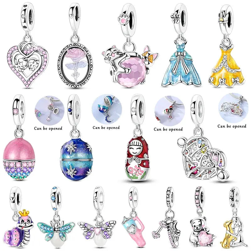 925 Silver Charm Openable Nesting Doll Rose Princess Dress Pendant for Bracelet DIY Fashion Jewelry