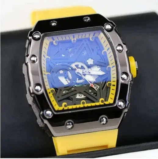 Mens Luxury Quartz Watch With Pentagram Luminous Dial And Wine Barrel Shaped Case Durable Silicone Strap