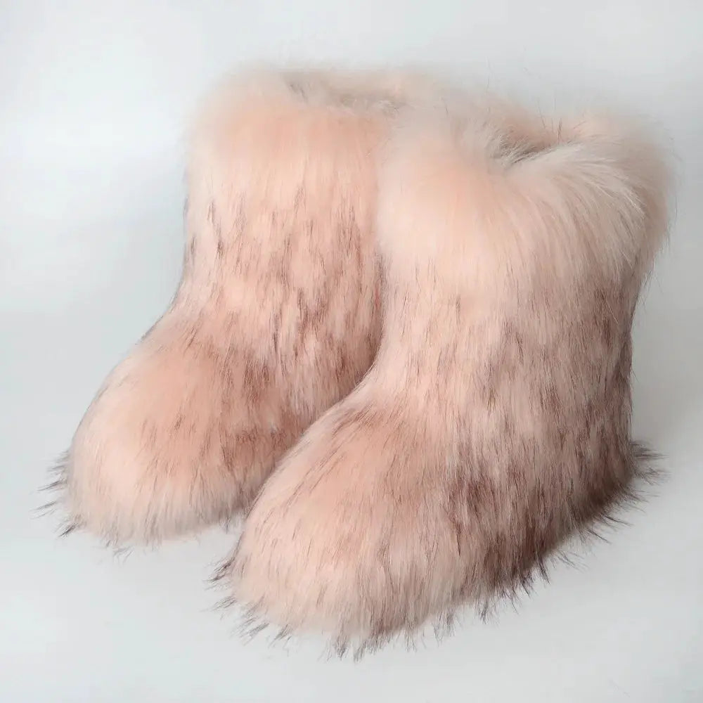 Women's Winter Snow Boots With Plush Faux Fox Fur Mid Calf Warm Platform Shoes For Cold Weather Outdoor