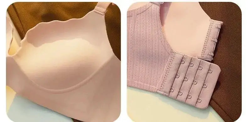 Push-up bra with molded cups in pale pink, thick padding, back hook closure.