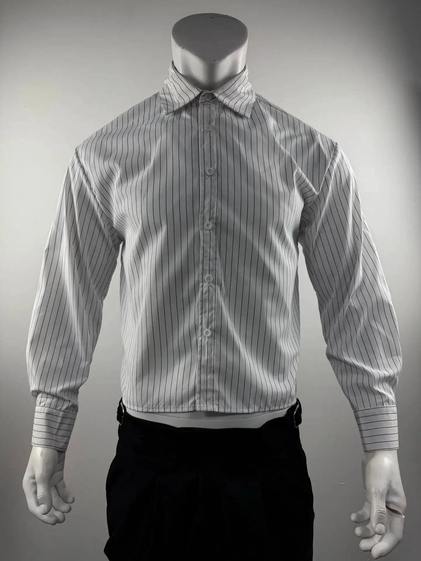 Men's striped button-front shirt, white with black pinstripes, long sleeves