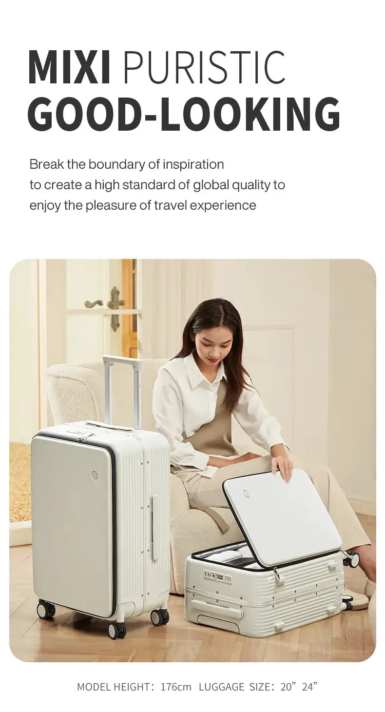 Mixi aluminum-frame carry-on suitcase in white with four wheels; open case reveals interior layout.