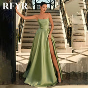 RFYR Green Satin Evening Dress Pleats A Line High Split Prom