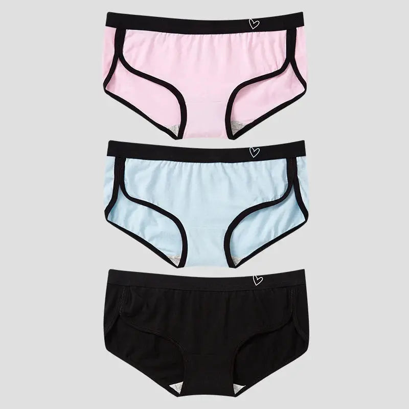 BANNIROU 3Pcs women's cotton briefs set in pink, blue, and black with black trim and heart logo