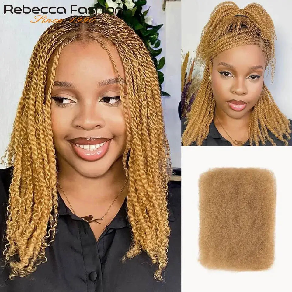 Afro Kinky Curly Bulk Hair for Braiding by Simples Market, golden blonde Remy bulk hair for braids; three-view collage